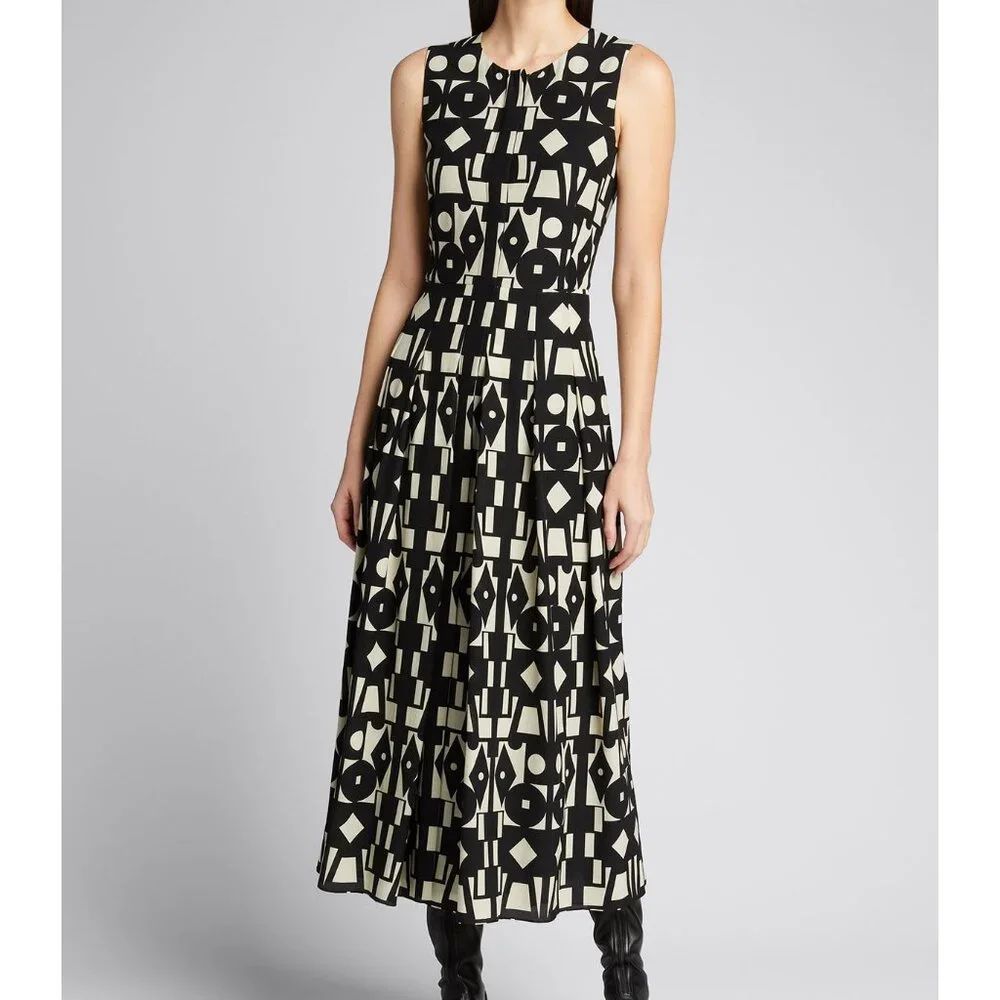 Akris Kaleidoscope Print Maxi Dress Pleated Black White Geometric Wool Silk 6 - Picture 1 of 16